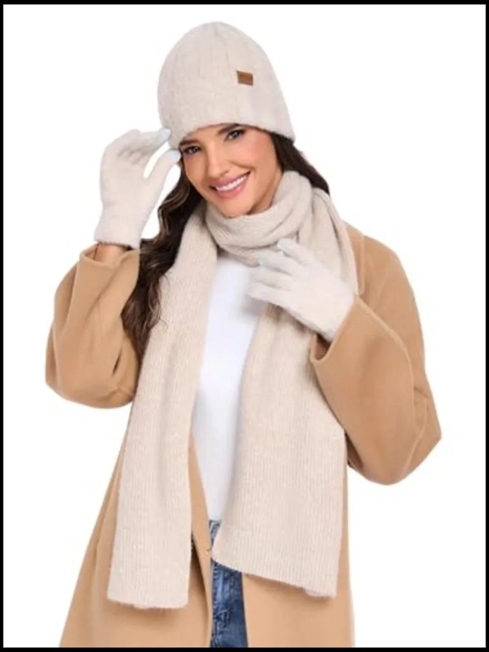 Premium Acrylic & Wool Winter Beanie Hat Scarf Touchscreen Gloves Set